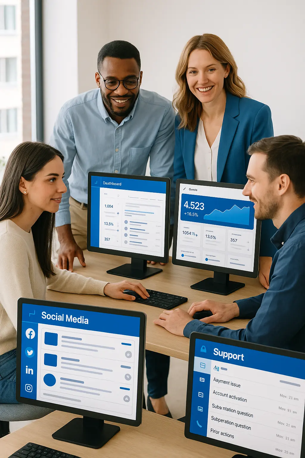 Equipo de marketing y soporte colaborando con paneles de redes sociales